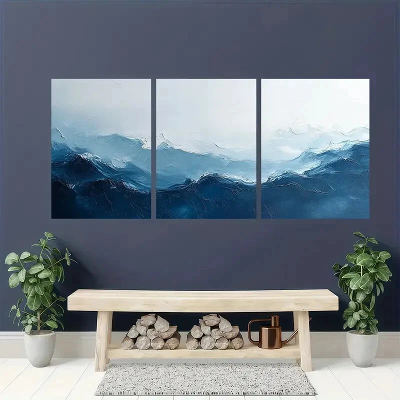 3pcs Blue White Abstract Illustration Art Neutral Metal Print Ready to Hang Art