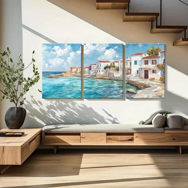 3pcs Mediterranean Coastal Abstract Scenic Art Metal Print Ready to Hang Art