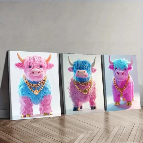 3pcs Pink Highland Cattle Wall Art Set Canvas Unframed - High Quality Print 100% Australian Made Wall Canvas