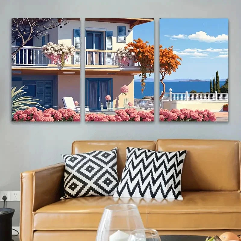 3pcs Floral House With Coastal Scenery Wall Art Set Canvas Framed 50x70cm - High Quality Print 100% Australian Made Wall Canvas Ready to Hang
