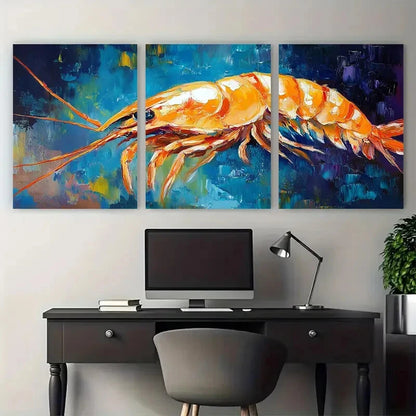 3pcs Vibrant Shrimp Seafood Fish Illustration Metal Print Ready to Hang Art