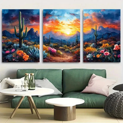3pcs Blooming Cactus Garden Joyful Desert Metal Print Ready to Hang Art