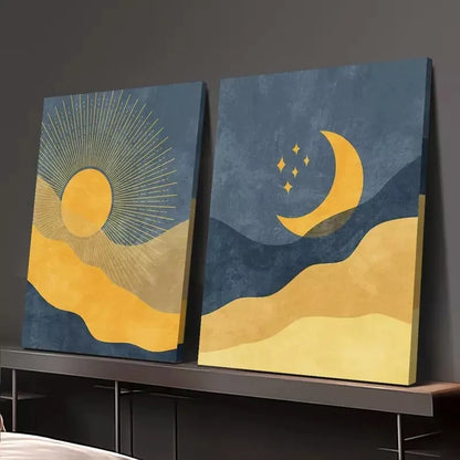 2pcs desert night scene, celestial art, sun and moon art  Canvas Framed 50x75cm - High Quality Print 100% Australian Made Wall Canvas Ready to Hang