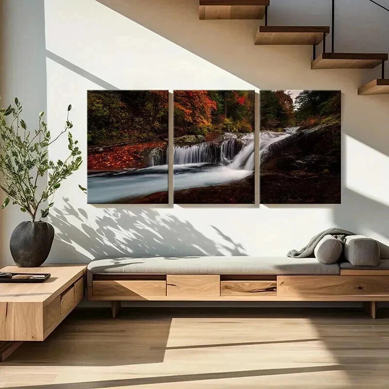 3pcs Forest Stream Waterfall & Red Floral Wall Art Set Canvas Framed 40x60cm - High Quality Print 100% Australian Made Wall Canvas Ready to Hang