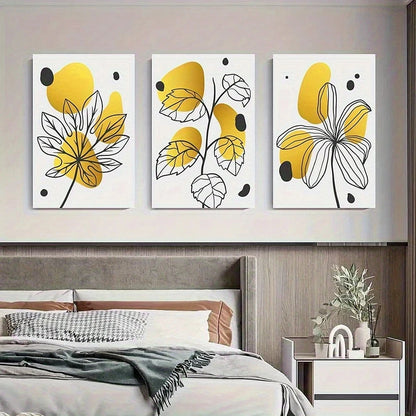 3pcs Abstract Floral Yellow and Black Leaves Metal Print Ready to Hang Art