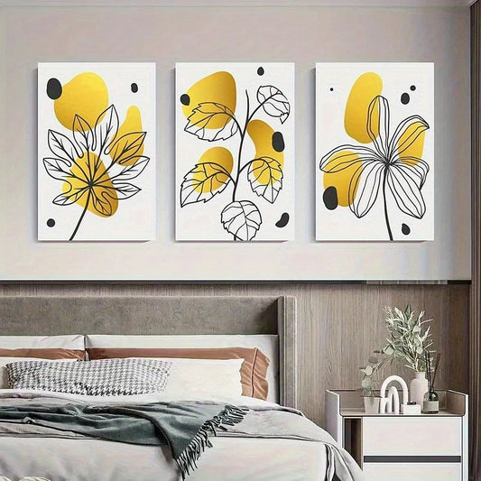 3pcs Abstract Floral Yellow and Black Leaves Metal Print Ready to Hang Art