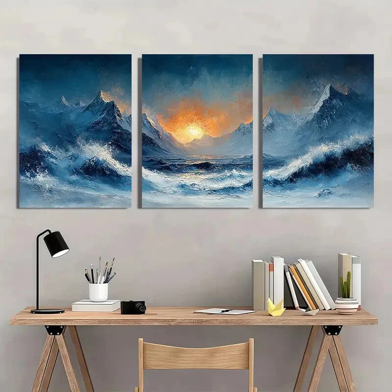 3pcs Abstract Wave & Mountain Landscape Metal Print Ready to Hang Art