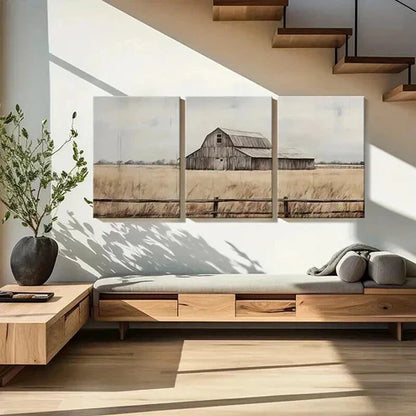 3pcs Rustic Barn Golden Field Wooden Fence Wall Art Canvas Unframed - High Quality Print 100% Australian Made Wall Canvas