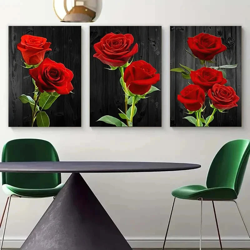 3pcs Beautiful Red Roses Green Leaves Metal Print Ready to Hang Art