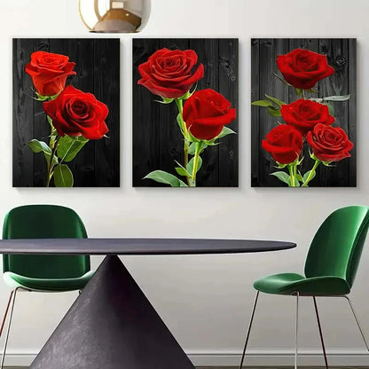 3pcs Beautiful Red Roses Green Leaves Metal Print Ready to Hang Art