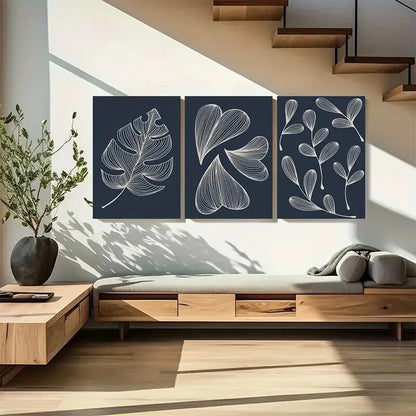 3pcs Dark Blue Minimal Sketch Leaves Metal Print Ready to Hang Art