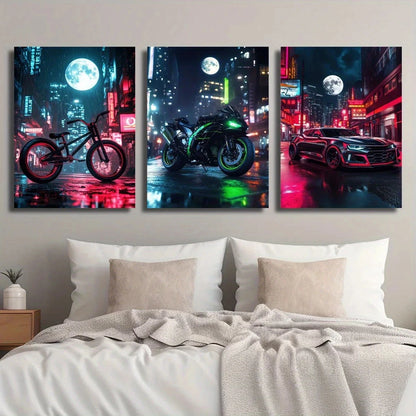 3pcs Cityscape Bicycle Motorcycle Sports Car Metal Print Ready to Hang Art