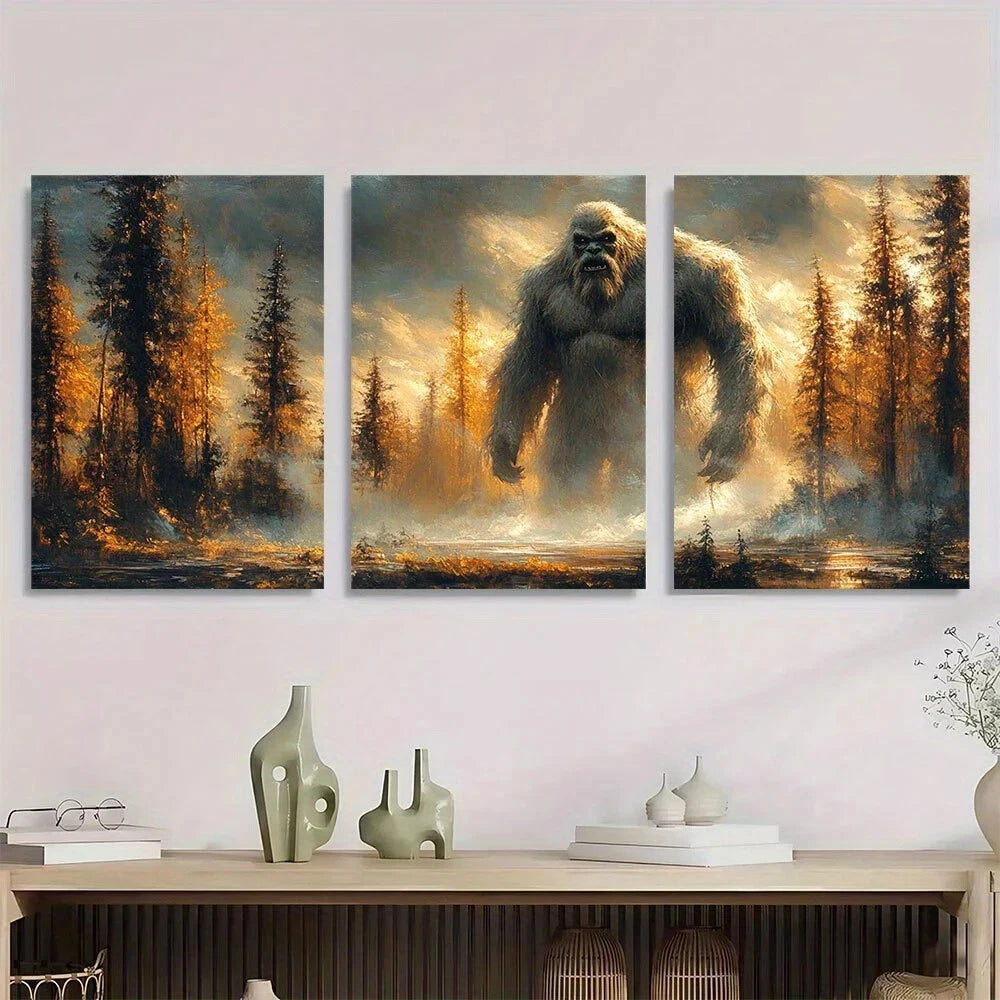 3pcs Rustic Forest Scene with Giant Ape Metal Print Ready to Hang Art