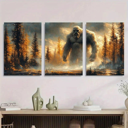 3pcs Rustic Forest Scene with Giant Ape Metal Print Ready to Hang Art