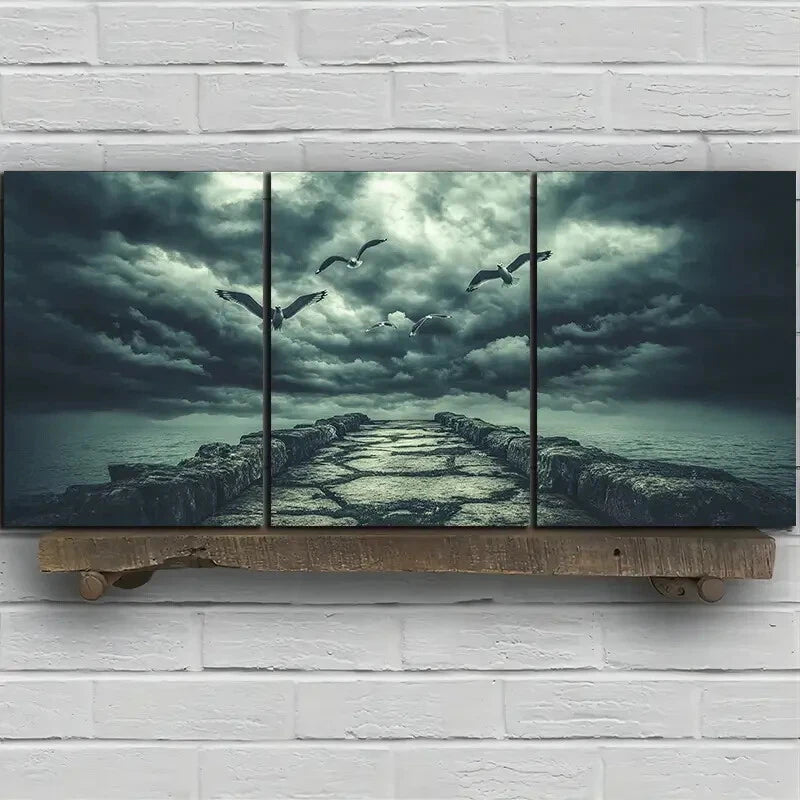 3pcs The Dock Under the Wind and Rain Metal Print Ready to Hang Art