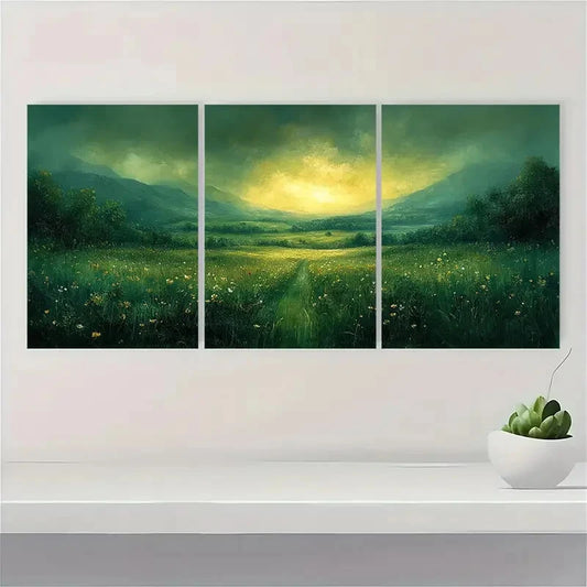 3pcs Verdant Meadow Landscape Abstract Nature Metal Print Ready to Hang Art