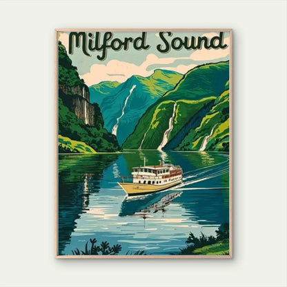 Milford Sound New Zealand Turquoise Waters & Fjord Travel Poster Print Wall Art
