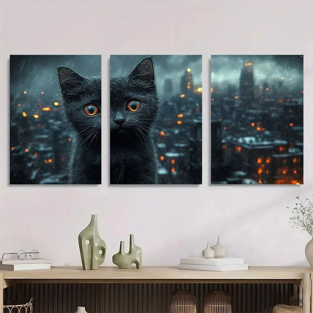 3pcs Stormy Kitten & Cityscape Painting Metal Print Ready to Hang Art