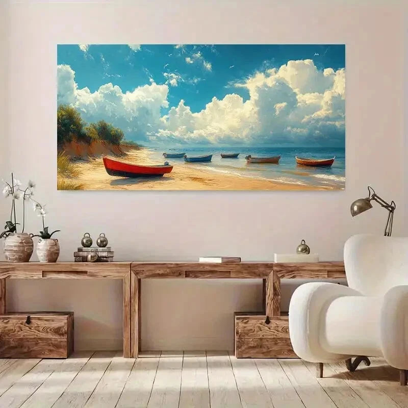 Coastal Sky with Red Boats wall canvas office home room framed 120x60cm - Bella Home Decor