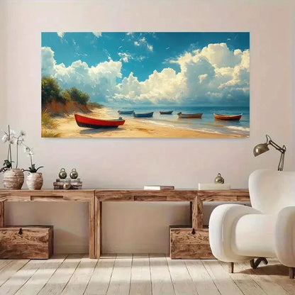 Coastal Sky with Red Boats wall canvas office home room framed 120x60cm - Bella Home Decor