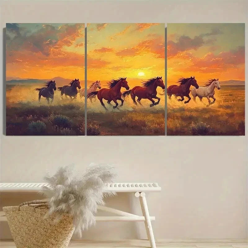 3pcs Wild Horses Running at Sunset Metal Print Ready to Hang Art