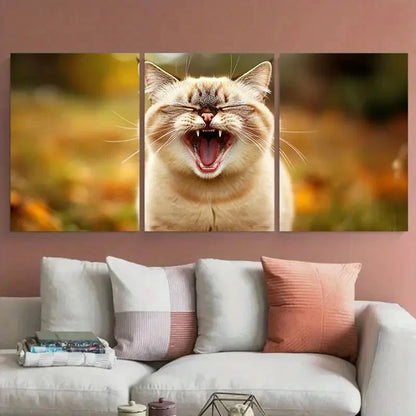 3pcs Cute Cat Yawning Illustration Wall Art Set Canvas Framed 50x70cm - High Quality Print 100% Australian Made Wall Canvas Ready to Hang