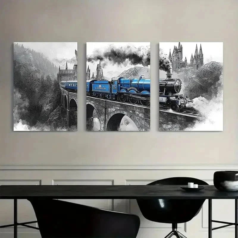 3pcs Black and White Smoke Train Scene Metal Print Ready to Hang Art