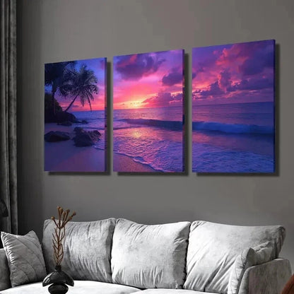 3pcs Palm Trees Ocean Beach & Sunset Wall Art Set Canvas Framed 40x60cm - High Quality Print 100% Australian Made Wall Canvas Ready to Hang