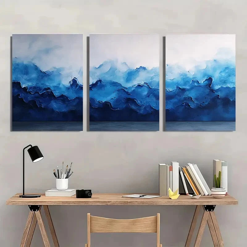 3pcs Cobalt Blue Painting Watercolor Art Aqua Metal Print Ready to Hang Art