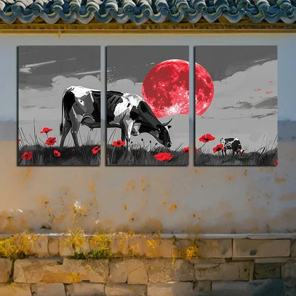 3pcs Chic Black Cow with Red Accent Illustration Metal Print Ready to Hang Art
