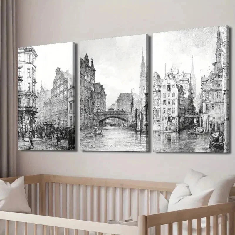 3pcs Drawing Vintage Architecture And Urban Wall Art Set Canvas Framed 40x60cm - High Quality Print 100% Australian Made Wall Canvas Ready to Hang
