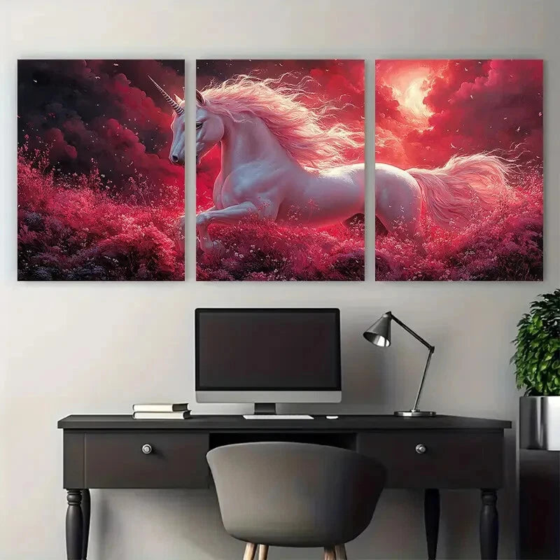 3pcs Dreamy Pink Unicorn Princess Illustration Metal Print Ready to Hang Art