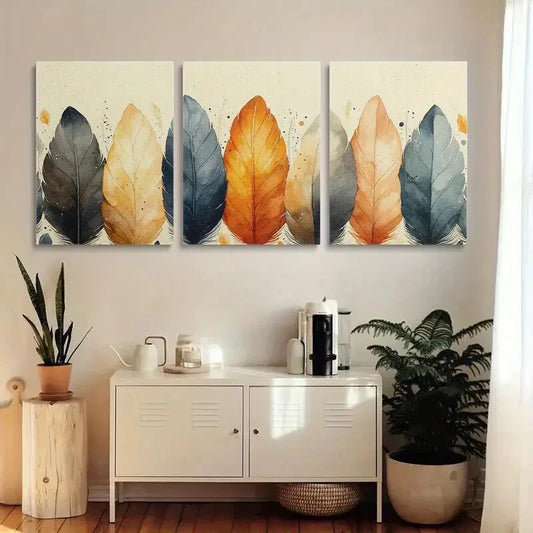 3pcs Watercolor Feather Modern Nature Metal Print Ready to Hang Art