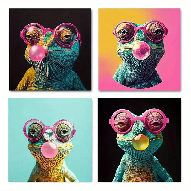 4pcs  Modern Animal Poster With Bubble Gum,Wall Art Canvas Framed