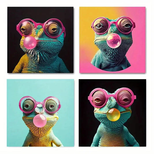 4pcs  Modern Animal Poster With Bubble Gum,Wall Art Canvas Framed