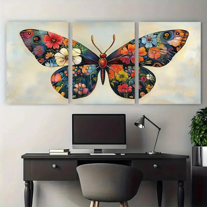 3pcs Floral Winged Butterfly Illustration Metal Print Ready to Hang Art