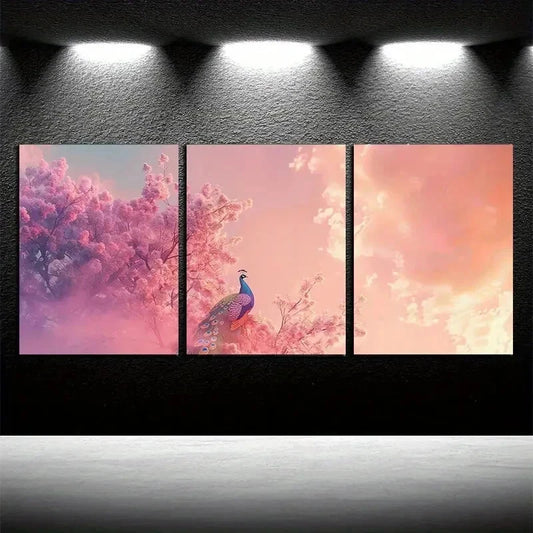3pcs Render of Peacock on the Tree Design Wall Art Set Canvas Framed 40x60cm - High Quality Print 100% Australian Made Wall Canvas Ready to Hang - Bella Home Decor