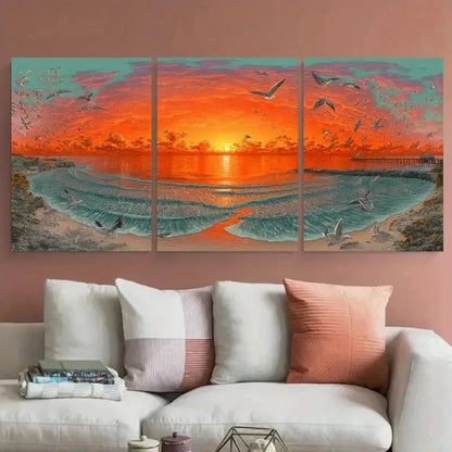 3pcs Seaside Sunrise Ocean Wave Seagulls Perfect Wall Art Set Canvas Framed 60x90cm - High Quality Print 100% Australian Made Wall Canvas Ready to Hang
