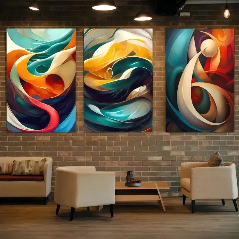 3pcs Vibrant Swirls of Blue Orange Yellow Metal Print Ready to Hang Art