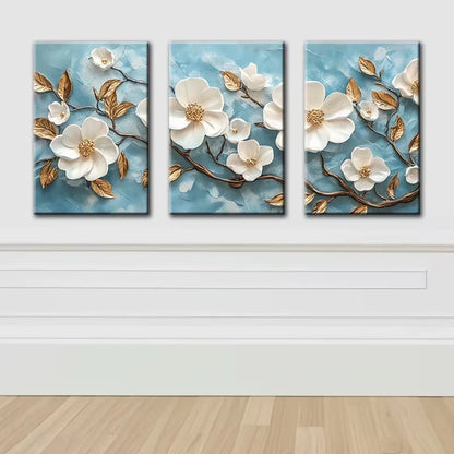 3pcs Beautiful White Florals and Golden Leaves Wall Art Set Canvas Framed 60x90cm - High Quality Print 100% Australian Made Wall Canvas Ready to Hang
