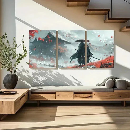 3pcs Dynamic Samurai & Autumn Leaves Wall Art Set Canvas Unframed - High Quality Print 100% Australian Made Wall Canvas