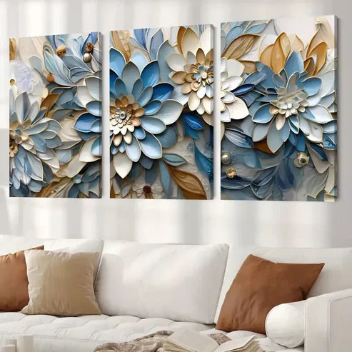 3pcs Blue White & Gold Abstract Flower Canvas Framed  60x90cm - High Quality Print 100% Australian Made Wall Canvas Ready to Hang