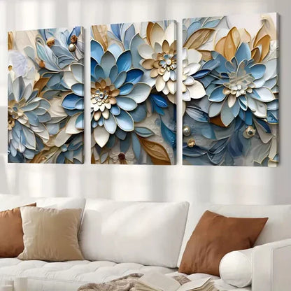 3pcs Blue White & Gold Abstract Flower Canvas Framed  60x90cm - High Quality Print 100% Australian Made Wall Canvas Ready to Hang