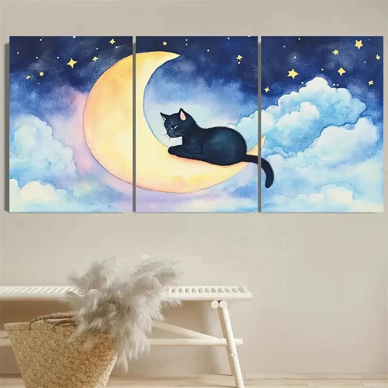 3pcs Black Cat on Crescent Moon and Cloud Metal Print Ready to Hang Art