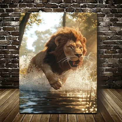 Steampunk Lion Splashing In Water On Sunny 40x60cm Metal Print Ready to Hang