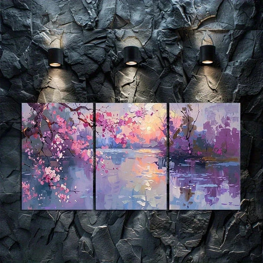3pcs Romantic Spring Night Floral and Moon Metal Print Ready to Hang Art