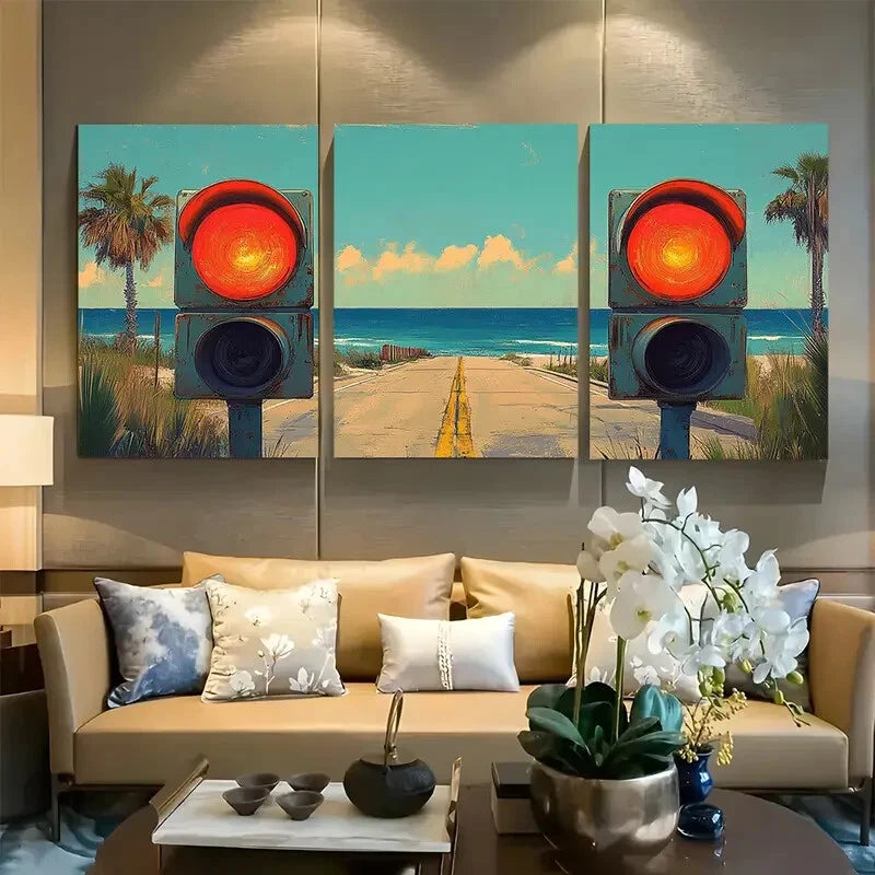 3pcs Retro Seaside Traffic Light Coastal Summer Metal Print Ready to Hang Art