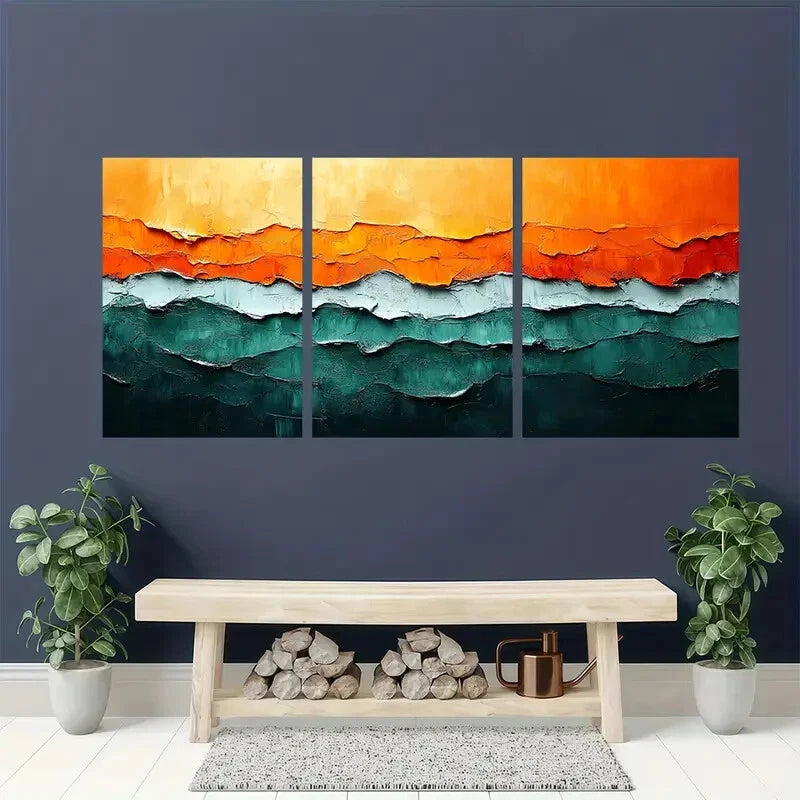 3pcs Orange and Green Abstract Painting Metal Print Ready to Hang Art