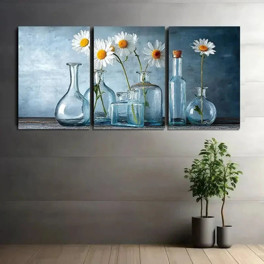 3pcs Flowers On a Glass Jar Wall Decor Metal Print Ready to Hang Art