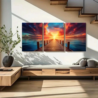 3pcs Sunset Wooden Pier Ocean View Dramatic Metal Print Ready to Hang Art